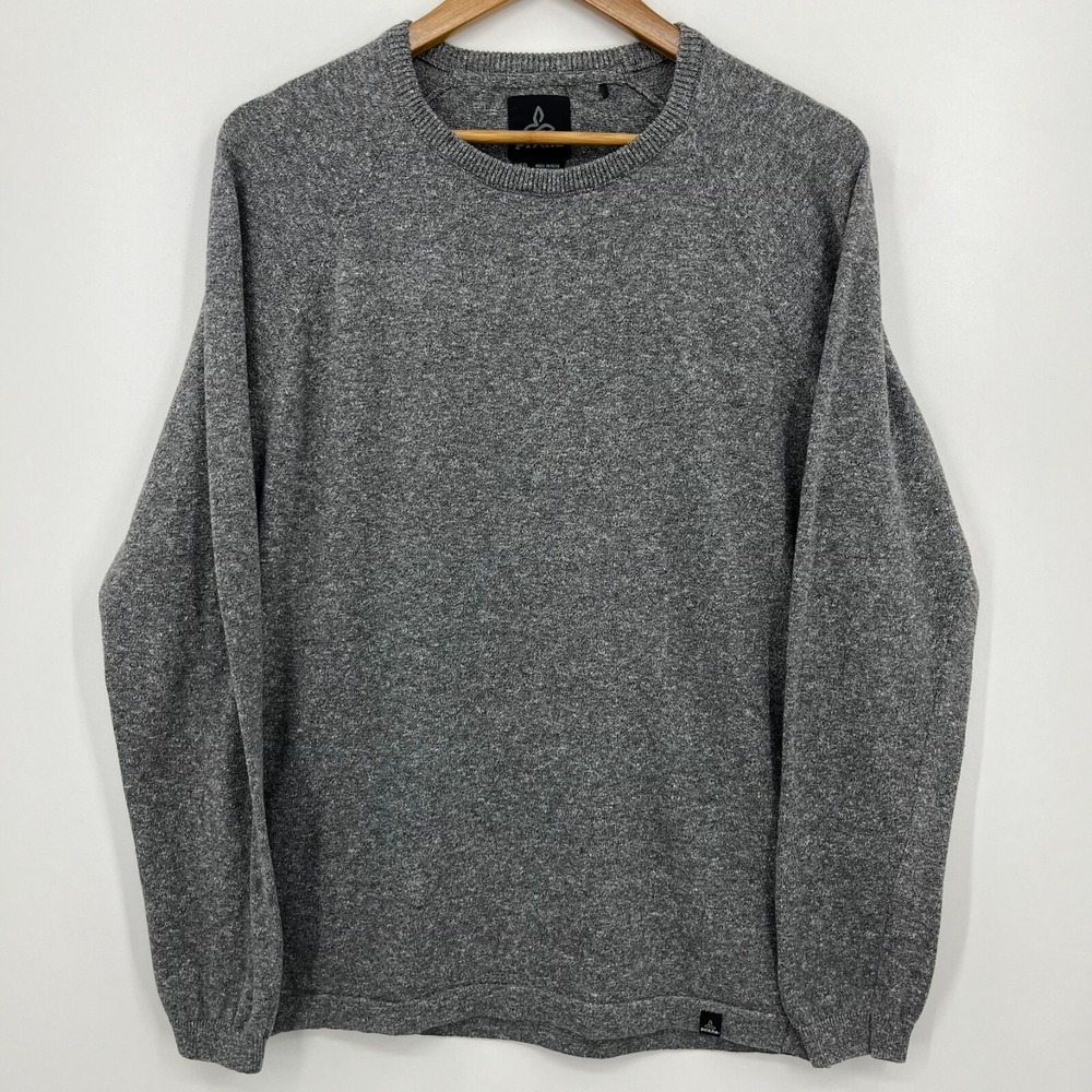 prAna Sweater Men's M Gray Organic Cotton Blend Crew Neck Long Sleeve Logo‎